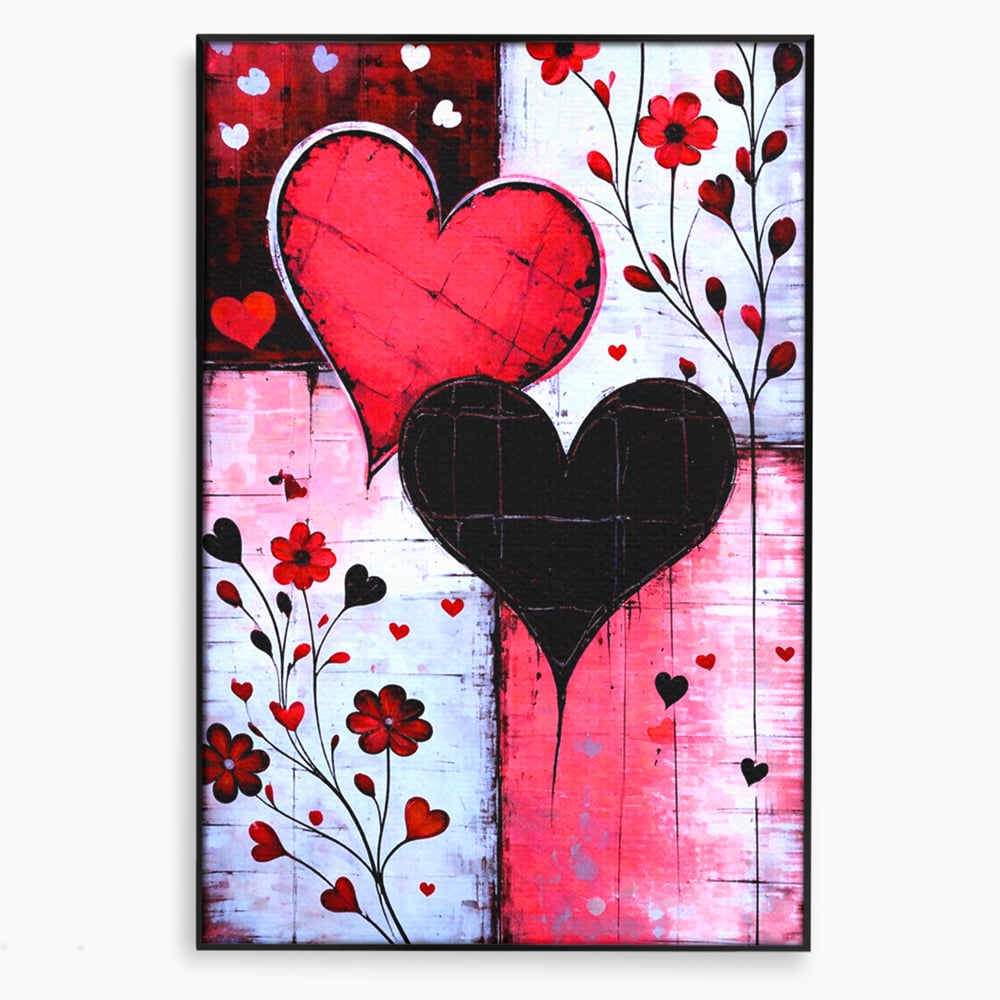 Tablou canvas cu tablou canvas cu inimi si flori, in rama de aluminiu negru